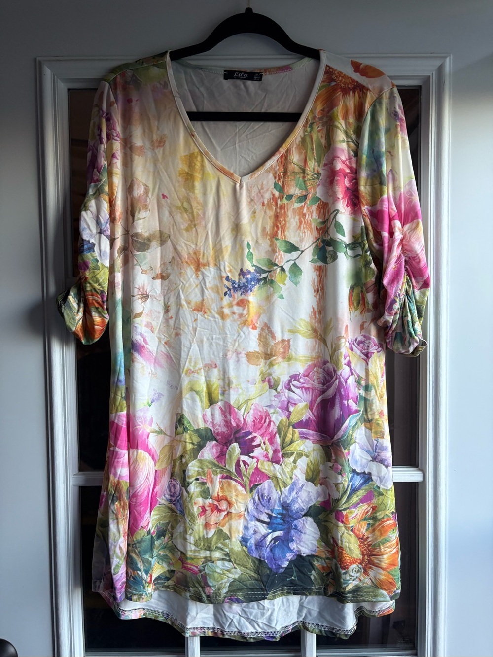 Lily Floral V-Neck Tunic in Cream, Pink, Purple and Green